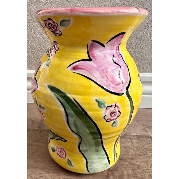 Vintage Handmade Studio Vase with Tulips Signed - Picture 4 of 7